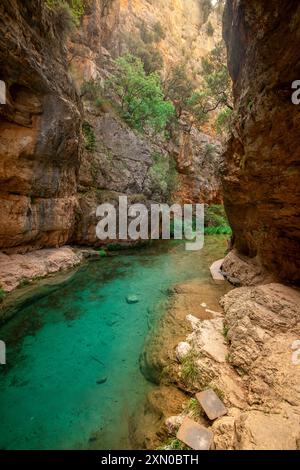 Vertikaler Blick auf einen Abschnitt der beeindruckenden Straße des Ebron-Flusses, Teruel, Aragon, Spanien, zwischen hohen Felswänden und türkisfarbenem Wasser mit Gehwegen für Stockfoto