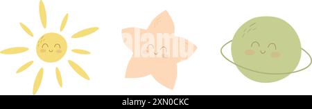 Happy Sun, Star und Planet Illustration Stock Vektor