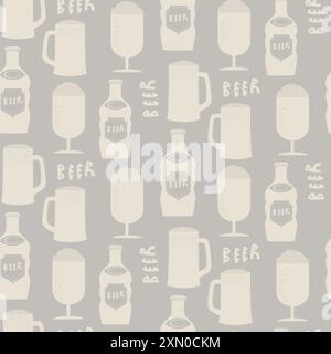 Bierflasche, Gläser und das Wort Bier nahtlose Vektormuster Hintergrund. Handgezeichnete alkoholische Getränkeflaschen, Schaum-Bierbecher und Text-Hintergrund Stock Vektor