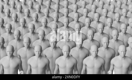 Abstrakte Menge identischer Mannequin-Figuren in Monochrom. Konzeptionelle Darstellung. 3D-Rendering Stockfoto