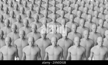 Abstrakte Menge identischer Mannequin-Figuren in Monochrom. Konzeptionelle Darstellung. 3D-Rendering Stockfoto