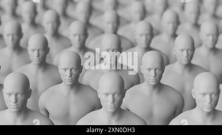 Abstrakte Menge identischer Mannequin-Figuren in Monochrom. Konzeptionelle Darstellung. 3D-Rendering Stockfoto