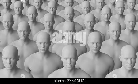 Abstrakte Menge identischer Mannequin-Figuren in Monochrom. Konzeptionelle Darstellung. 3D-Rendering Stockfoto