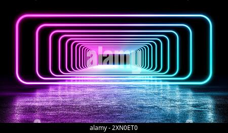 Leuchtend lila blaue Neonlichter rechteckiger Rahmen Tunnel 3d Stockfoto