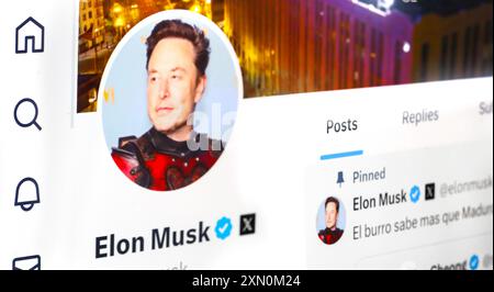 30. Juli 2024 Poltawa. Ukraine Soft Focus Nahaufnahme von Elon Musk Profil und Bild auf Twitter. Stockfoto