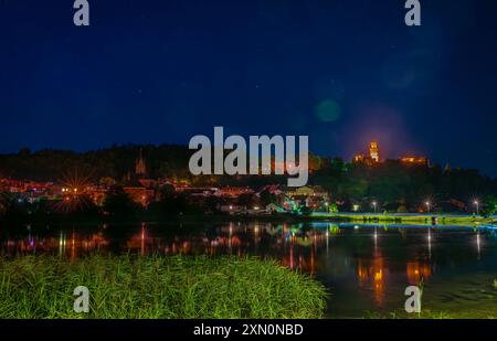 Teich mit berühmtem Schloss und blauem dunklem Himmel in Hluboka nad Vltavou CZ 07 26 2024 Stockfoto