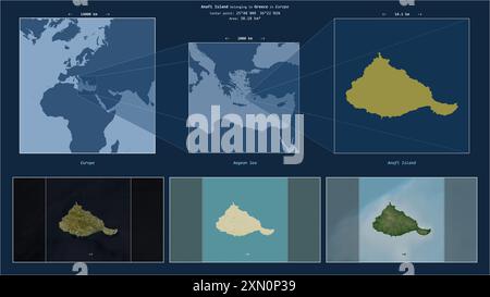 Die Insel Anafi in der Ägäis gehört zu Griechenland. Beschriebenes Lagediagramm mit gelber Form der Insel und Beispielkarten der Umgebung Stockfoto