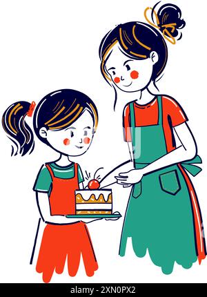 Tochter backt Kuchen mit Mutter. Naive Kindzeichnung Doodle Stil Vektor Illustration. Stock Vektor