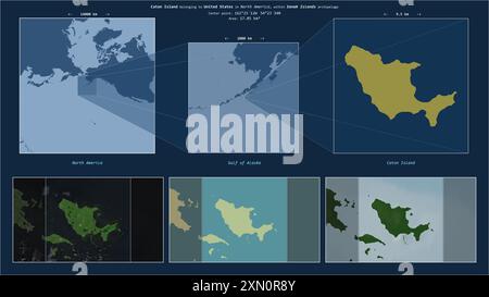 Caton Island im Golf von Alaska - gehört zu den Vereinigten Staaten. Beschriebenes Lagediagramm mit gelber Form der Insel und Beispielkarten ihrer sur Stockfoto