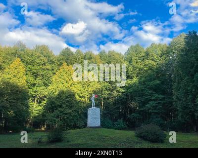 Moskauer Region, Russland, August 2019: Weiße Statue eines jungen Pioniers mit roter Krawatte auf einem grünen Hügel im öffentlichen Park. Skulptur der UdSSR. Stockfoto