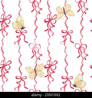 Nahtloses Muster von Satinschleifen und weißen Schmetterlingen. Aquarellhintergrund von rosa Seidenbändern. Einrichtung für Geburtstage, Hochzeiten und Valentinstag. Deko Stockfoto
