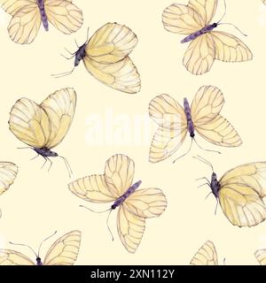 Aquarellillustration von weißen Schmetterlingen. Nahtloses Muster im Provence-Stil auf gelbem Hintergrund. Für Stoffe, Textilien, Tapeten, Drucke. Stockfoto