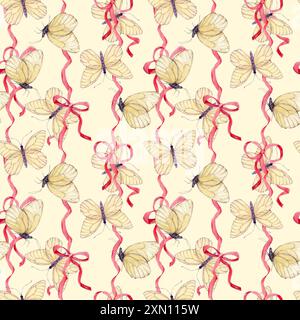 Nahtlose Verzierung von Satinschleifen. Aquarellmuster aus rosa Seidenbändern. Einrichtung für Geburtstage, Hochzeiten und Valentinstag. Dekoration in Boho styl Stockfoto