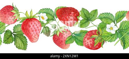 Nahtloser Rand aus roter Erdbeere. Reife rote Beeren, Blüten und Blätter. Handgezeichnetes Aquarell-Ornament. Köstliches Essen, frische botanische, realistische Farben Stockfoto