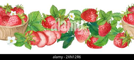 Nahtloser Rand aus roter Erdbeere. Reife rote Beeren, Blüten und Blätter. Handgezeichnetes Aquarell-Ornament. Köstliches Essen, frische botanische, realistische Farben Stockfoto