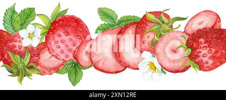 Nahtloser Rand aus roter Erdbeere. Reife rote Beeren, Blüten und Blätter. Handgezeichnetes Aquarell-Ornament. Köstliches Essen, frische botanische, realistische Farben Stockfoto