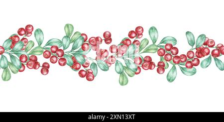 Cranberry Seamless Border Aquarell Clipart mit ineinander verflochtenen Preiselbeerzweigen mit leuchtend roten Beeren und grünen Blättern. Perfekt für Illustrationen von Rezeptbüchern, festliche Banner oder Geschenkanhänger Stockfoto