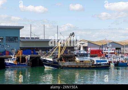 Trawler und Fischerboote vor dem Fischmarkt im Hafen von Brixham an der Küste von Devon Stockfoto