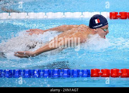 Paris, Frankreich. 30. Juli 2024. Leon Marchand von Frankreich tritt beim 200 m großen Schmetterling-Halbfinale der Männer bei den Olympischen Spielen 2024 in Paris, Frankreich, am 30. Juli 2024 an. Quelle: Xia Yifang/Xinhua/Alamy Live News Stockfoto