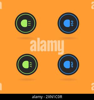 Symbol für Abblendlicht und Fernlicht im Fahrzeug Vektor festlegen. Set mit Logos für Fahrzeugbeleuchtung. Symbole auf dem Armaturenbrett des Fahrzeugs für Beleuchtung. Vektorsatz mit Auto-Symbolen. Stock Vektor