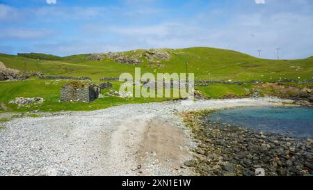 Fethaland ist eine verlassene Siedlung am äußersten nördlichen Ende des Festlands in Shetland. Es war der Standort der größten Fischereistation in Shetland Stockfoto