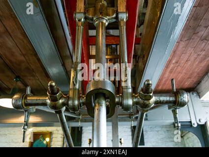 Nahaufnahme eines komplizierten Metallmechanismus in einer alten industriellen Dampfmaschine mit technischen Details und Vintage-Maschinen. Stockfoto