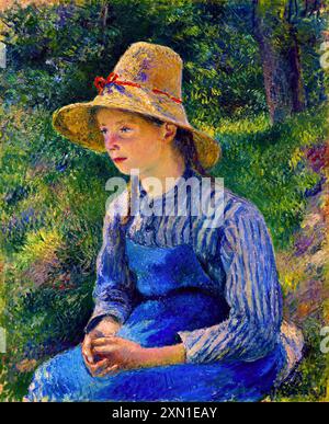 Impressionistisches Gemälde eines jungen Mädchens mit Strohhut und blauem Kleid, das draußen sitzt. Bauernmädchen mit Strohhut (1881) von Camille Pissarro. Ursprung Stockfoto