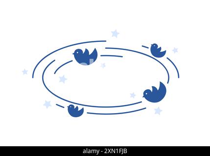 Schwindelerregende und abgelenkte Ikone, blaue Silhouetten von Vögeln, die in der runden Umlaufbahn Vektor-Illustration fliegen Stock Vektor