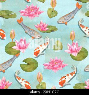 Illustration von Koi-Karpfen und Lotusblüten in Aquarellen. Nahtloses natürliches Muster. Handgezeichneter asiatischer orientalischer Hintergrund mit Regenbogenfischen Stockfoto