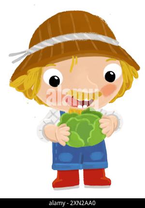 Zeichentrickszene mit einem Bauer, der eine Aktivität im Hintergrund für Kinder macht Stockfoto