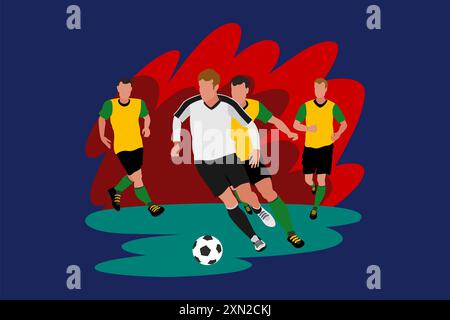 Bunte Illustration eines Fußballspiels. Eine Gruppe von Spielern auf einem Fußballfeld. Fußballturnierkonzept. Zeichnung in flacher Form zur Dekoration. Stockfoto