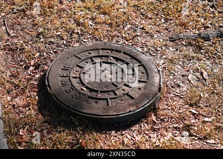 Eine Mannlochabdeckung auf trockenem, grasbewachsenem Boden, die städtische Infrastruktur und Details zeigt. Stockfoto