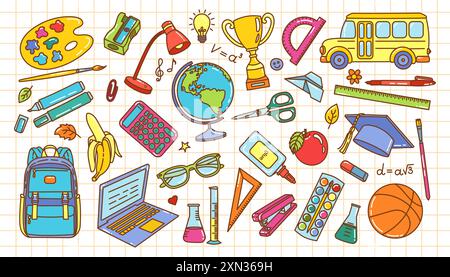 Vektorschule thematischer Satz von Illustrationen mit einer Vielzahl von pädagogischen Werkzeugen auf Gitterpapier Hintergrund Stock Vektor