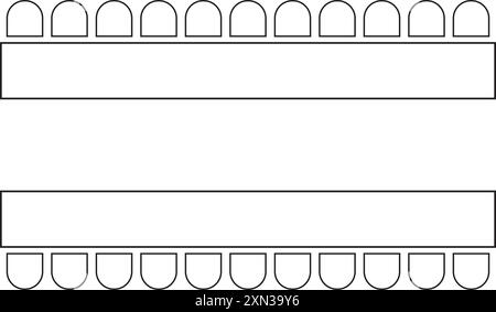 Sitzplatzanordnung bei Bankett- oder Hochzeitsveranstaltungen im Restaurant oder Café. Innenausstattung der Cafeteria oder Kantine. Draufsicht. Schematische Tische und Stühle Stock Vektor