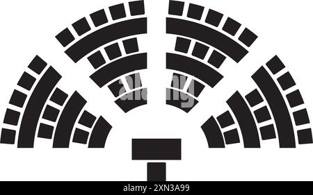 Sitzplan im Auditorium in Halbkreisanordnung. Schematische Darstellung der Sitzplätze im Klassenzimmer, im Vorlesungssaal oder in einer Tagung, Konferenz oder Seminarveranstaltung. Schreibtische Stock Vektor