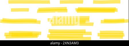 Satz gelber Markierungslinien. Verschiedene transparente, handgezeichnete Stifte oder Pinsel unterstreichen wichtige Textauswahl auf weißem Hintergrund. Realistische Vektordarstellung. Stock Vektor