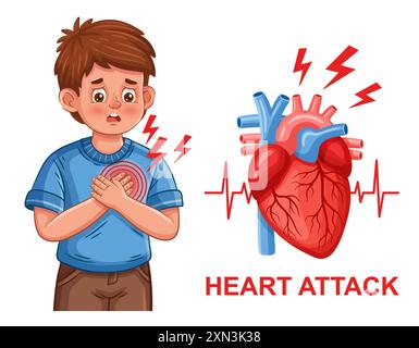 Herzinfarkt, Herzschmerzen, Herzinsuffizienz Schlaganfall, Herz-Kreislauf-Erkrankungen. Der kranke Junge fühlt Herz-Kreislauf-Schmerzen, Brustschmerzen, Herzschlag. Kardiologie-Medizin Stock Vektor