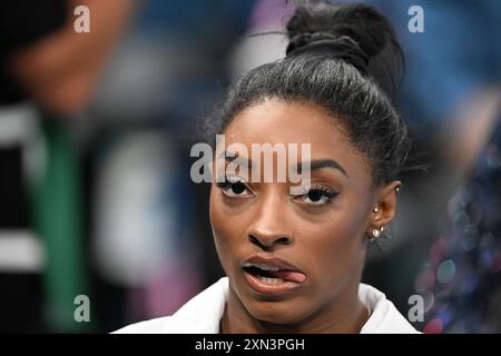 30. Juli 2024; Olympische Spiele in Paris, Bercy Arena, Paris, Frankreich, Tag 4; Finale der Turnermannschaft der Frauen, Simone Biles aus den USA Stockfoto