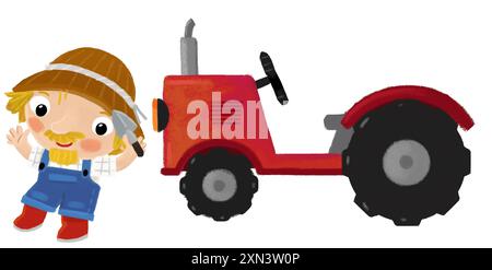 Zeichentrickszene mit einem Bauern, der in der Nähe eines Traktors steht und eine Aktivität macht Stockfoto