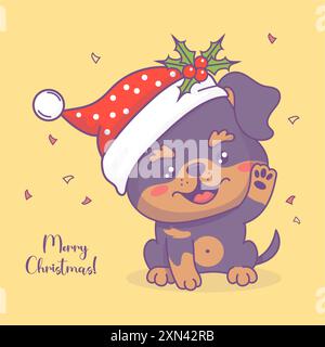 Süßer Hündchen Rottweiler mit Weihnachtsmütze mit stechpalme. Urlaub Cartoon Kawaii Charaktertier. Vektorabbildung. Frohe Weihnachtskarte Stock Vektor