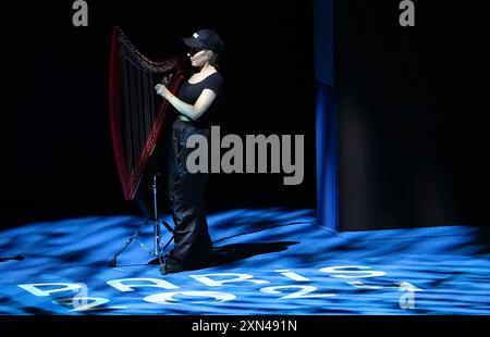 Paris, Frankreich. 30. Juli 2024. Ein Künstler tritt vor der Schwimmveranstaltung bei den Olympischen Spielen 2024 in Paris, Frankreich, am 30. Juli 2024 auf. Quelle: Xia Yifang/Xinhua/Alamy Live News Stockfoto