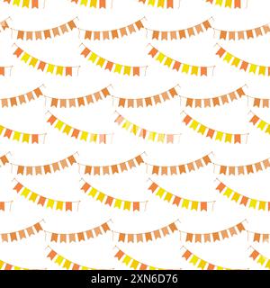 Halloween-Anhänger am Seil in trendigem Monochrom-Orange. Nahtloses Muster der Weihnachtsgirlande isoliert auf weiß. Vektor Karneval oder Feiertag abstrakte Hintergrund Textur oder Gruß Design Konzept Stock Vektor