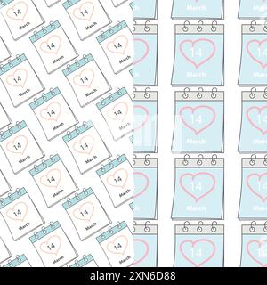 Nahtlose Muster mit Datumskalenderseiten des Weißen Tages 14. März und herzförmigem Strich. 2er-Set. Isolieren. EPS. Vektor für Verpackung, Tapeten, Paket oder Web, Poster, Karten, promotion, Etikett oder Preisschild Stock Vektor