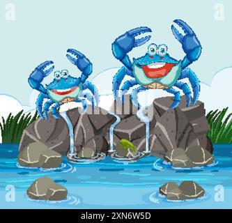 Zwei Krabben auf Felsen an einem Bach Stock Vektor