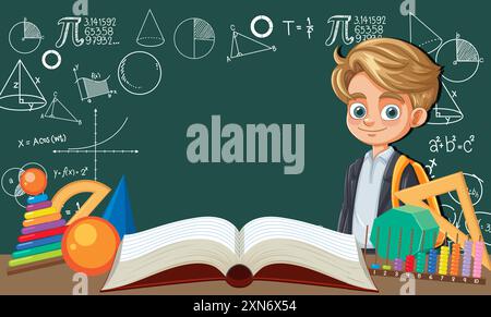 Junge mit mathematischen Werkzeugen und offenem Buch Stock Vektor