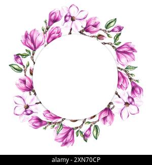 Runder Rahmen mit Aquarell-Magnolie. Rosa Magnolienrahmen isoliert auf weißem Hintergrund. Magnolie für die Gestaltung von Paketen, Produkten, Karten, Einladungen usw. Stockfoto