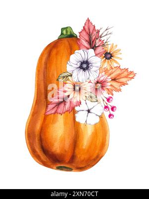 Kürbis in Aquarellfarben mit handgezeichneten Blumen. Herbstkürbis-Illustration mit Blumen und trockenen Blättern. Handgezeichneter Kürbis für Verpackungsdesign, Produkte Stockfoto