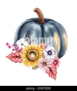 Kürbis in Aquarellfarben mit handgezeichneten Blumen. Herbstkürbis-Illustration mit Blumen und trockenen Blättern. Handgezeichneter Kürbis für Verpackungsdesign, Produkte Stockfoto