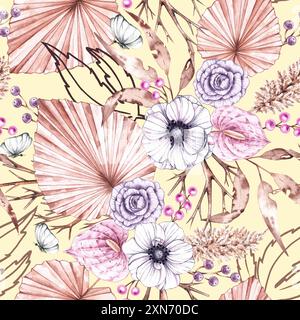 Tropisches Aquarellmuster mit Boho-Pflanzen. Tropisches Blumenmuster mit Anemonen, Anthurium und Rose. Boho-Muster. Botanisches Blütenmuster für Stockfoto