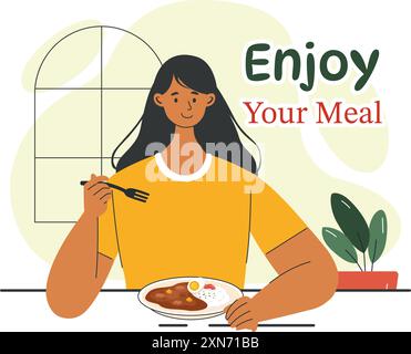 Genießen Sie Ihre Mahlzeit Vektor-Illustration einer Vielzahl von leckeren Speisen zu Hause oder im Restaurant Einstellungen im flachen Stil Cartoon Hintergrund Design Stock Vektor